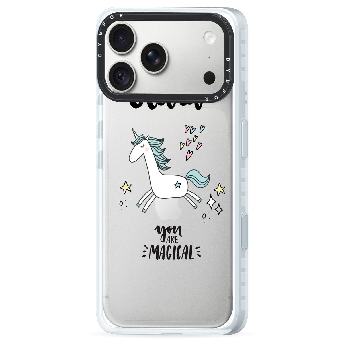 Personalised You Are Magical Unicorn iPhone 18 Pro Black Impact Pre order Case Side Angle on Silver phone
