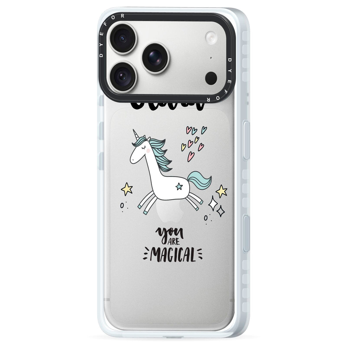 Personalised You Are Magical Unicorn iPhone 18 Pro Max Black Impact Pre order Case Side Angle on Silver phone
