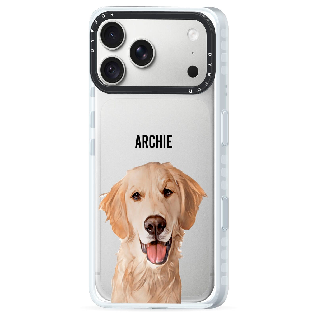 Pet Portrait iPhone 18 Pro Max Black Impact Pre order Case Side Angle on Silver phone