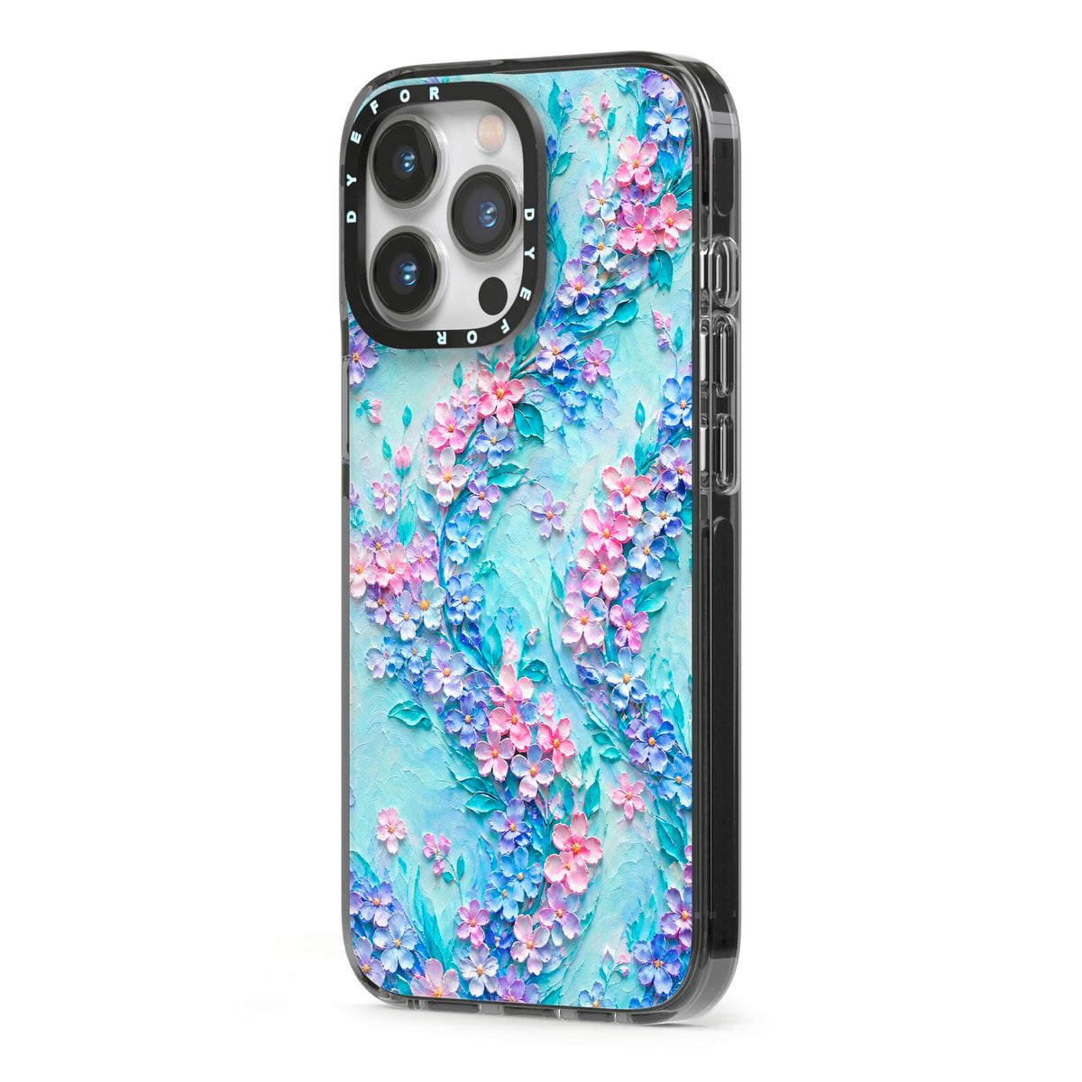 Petal Confetti iPhone 13 Pro Black Impact Case Side Angle on Silver phone