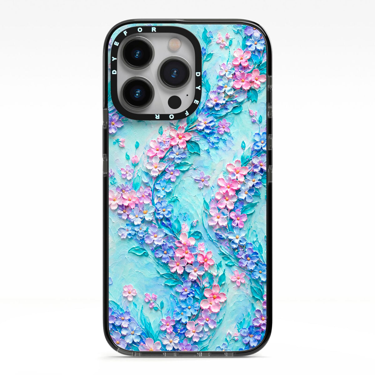 Petal Confetti iPhone 13 Pro Black Impact Case on Silver phone