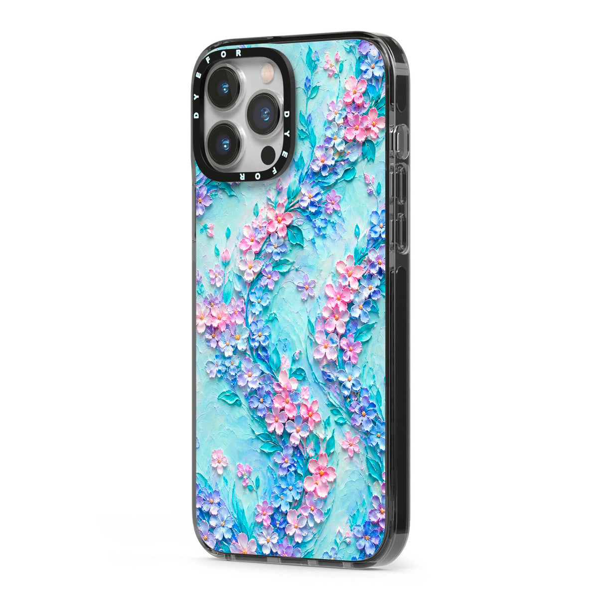 Petal Confetti iPhone 13 Pro Max Black Impact Case Side Angle on Silver phone