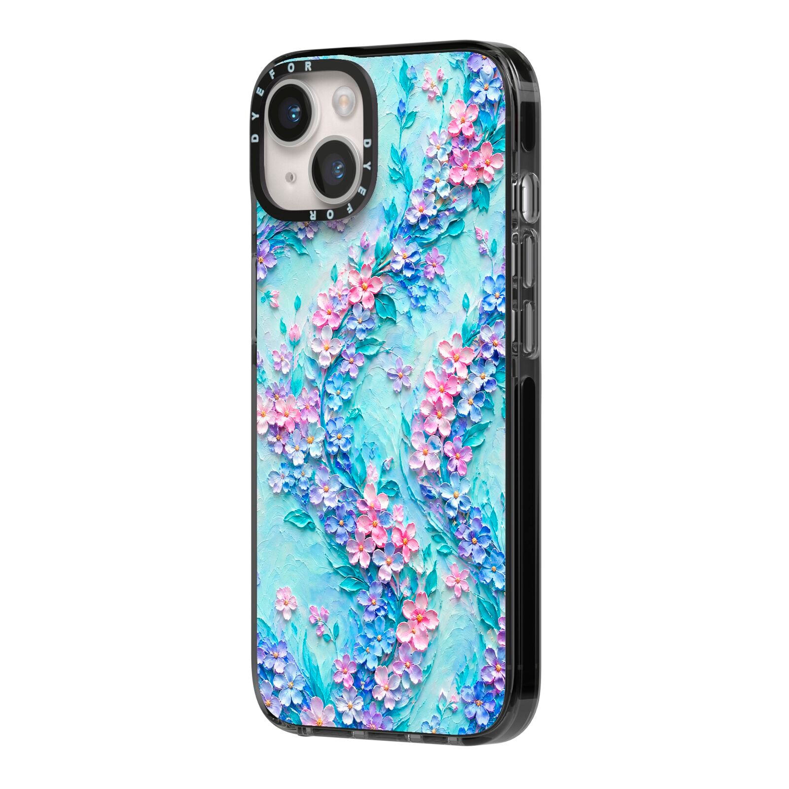 Petal Confetti iPhone 14 Black Impact Case Side Angle on Silver phone
