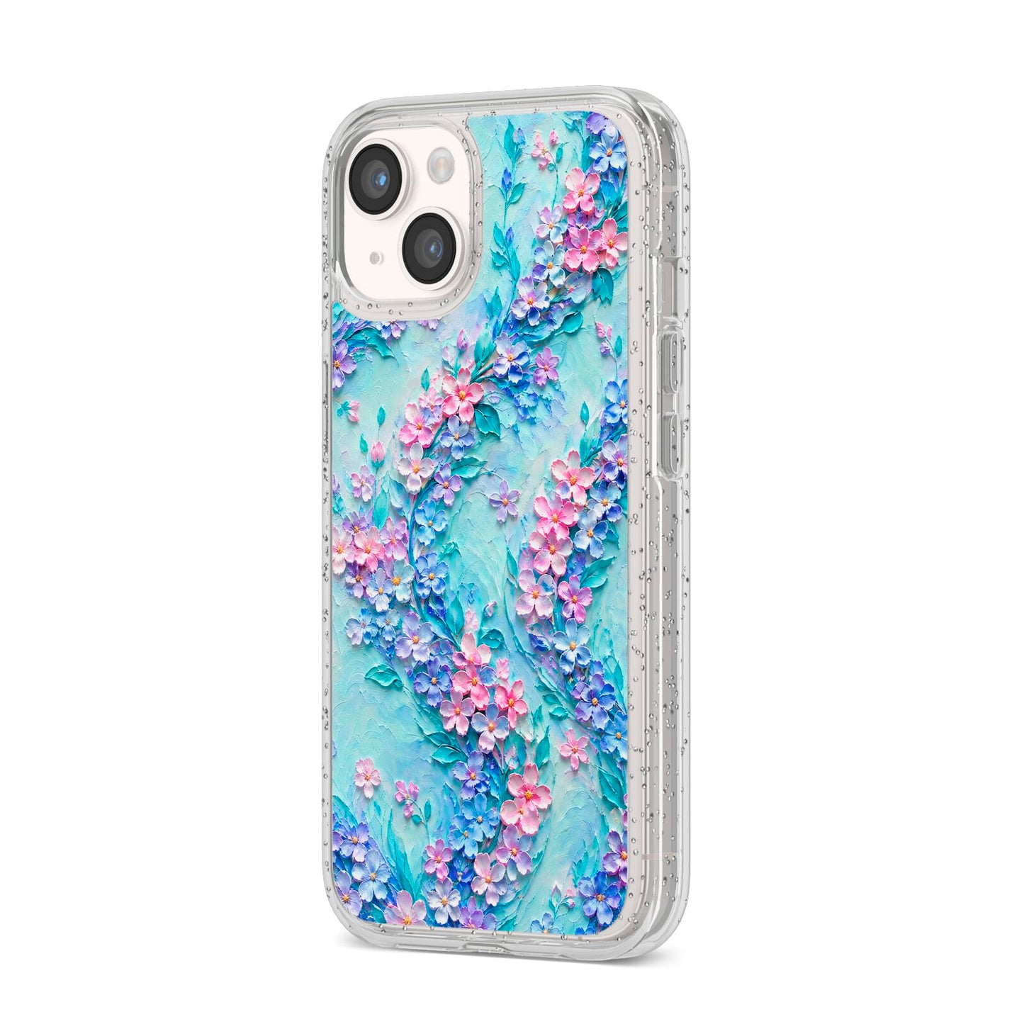 Petal Confetti iPhone 14 Glitter Tough Case Starlight Angled Image