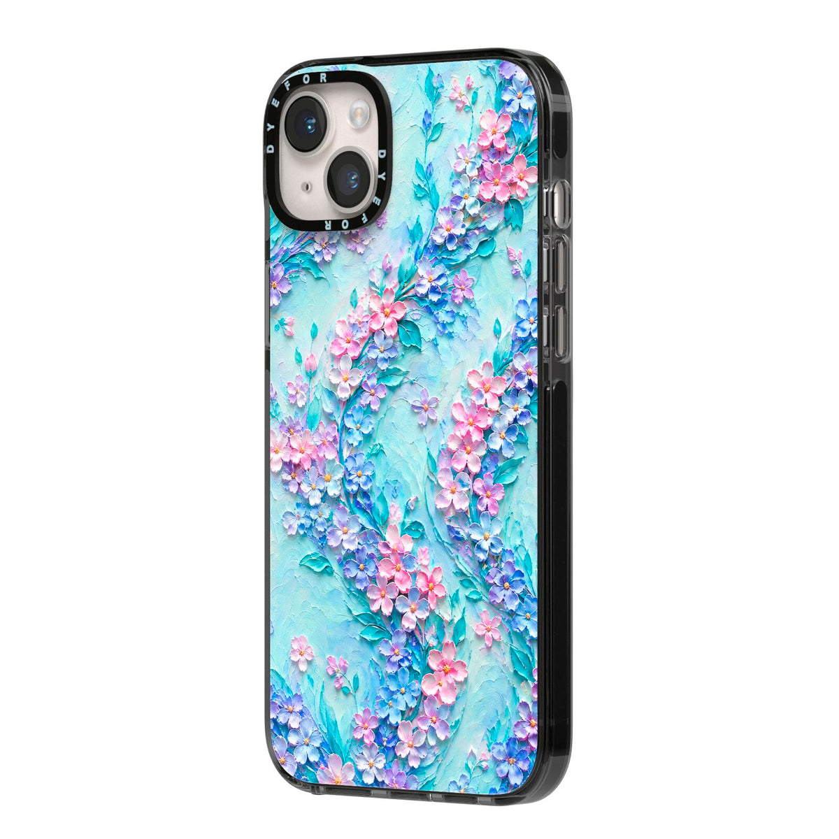 Petal Confetti iPhone 14 Plus Black Impact Case Side Angle on Silver phone