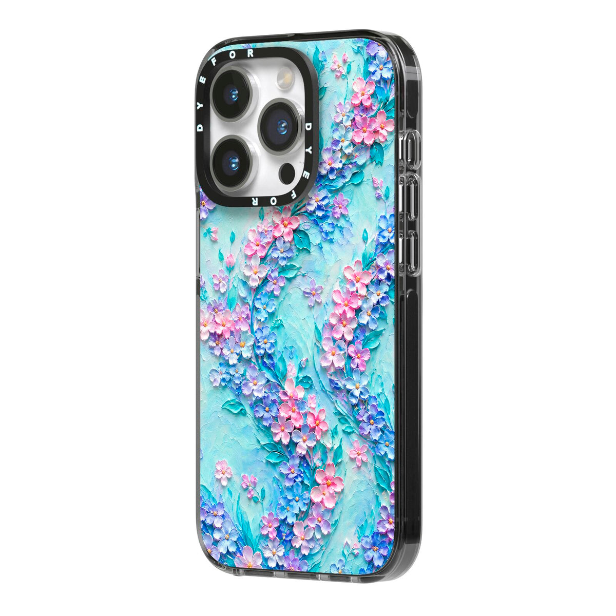 Petal Confetti iPhone 14 Pro Black Impact Case Side Angle on Silver phone