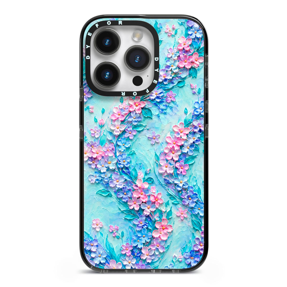 Petal Confetti iPhone 14 Pro Black Impact Case on Silver phone