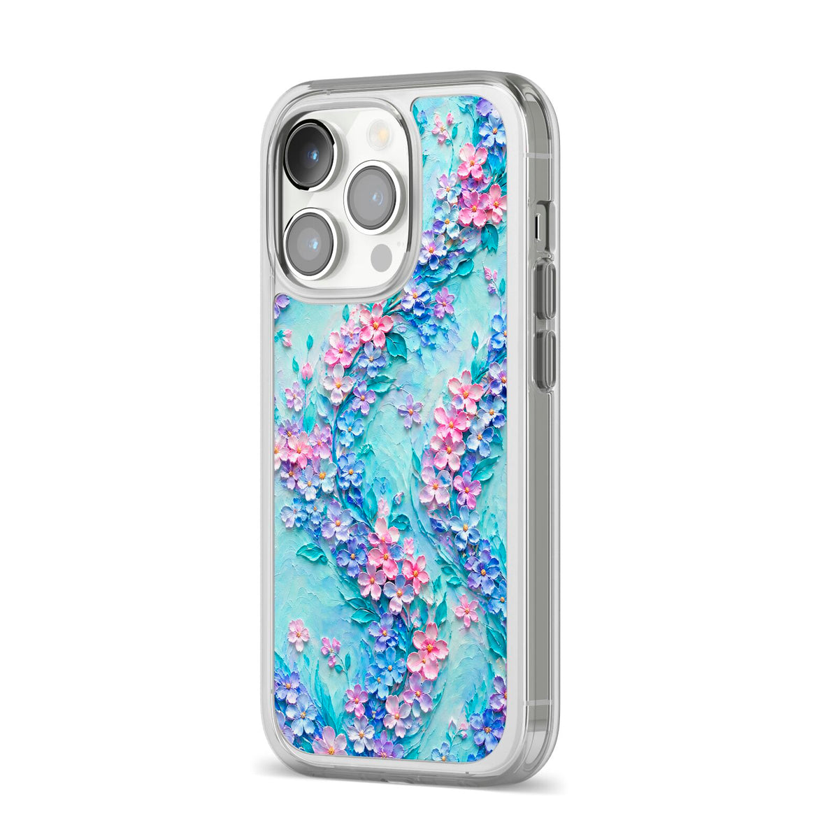 Petal Confetti iPhone 14 Pro Clear Tough Case Silver Angled Image