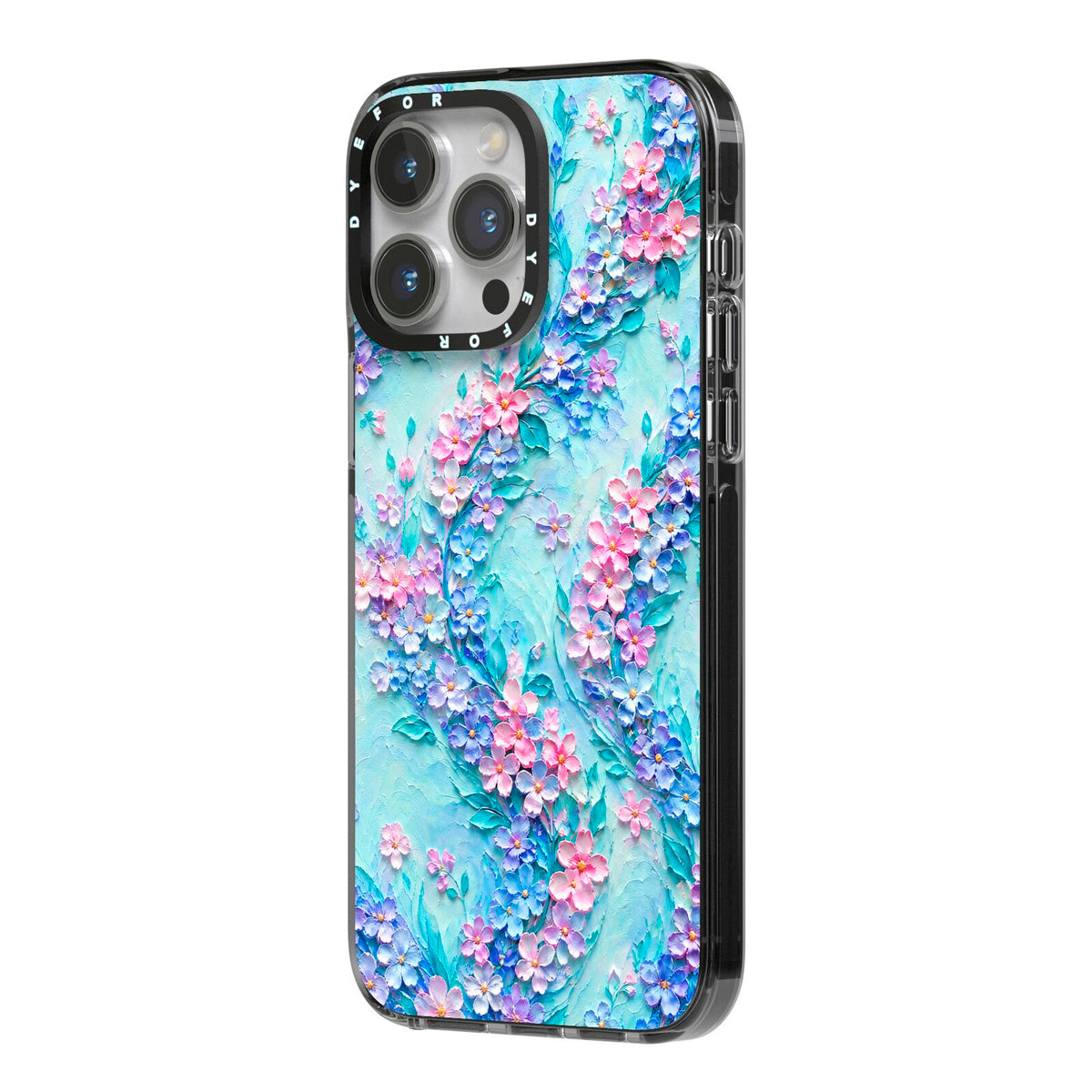 Petal Confetti iPhone 14 Pro Max Black Impact Case Side Angle on Silver phone