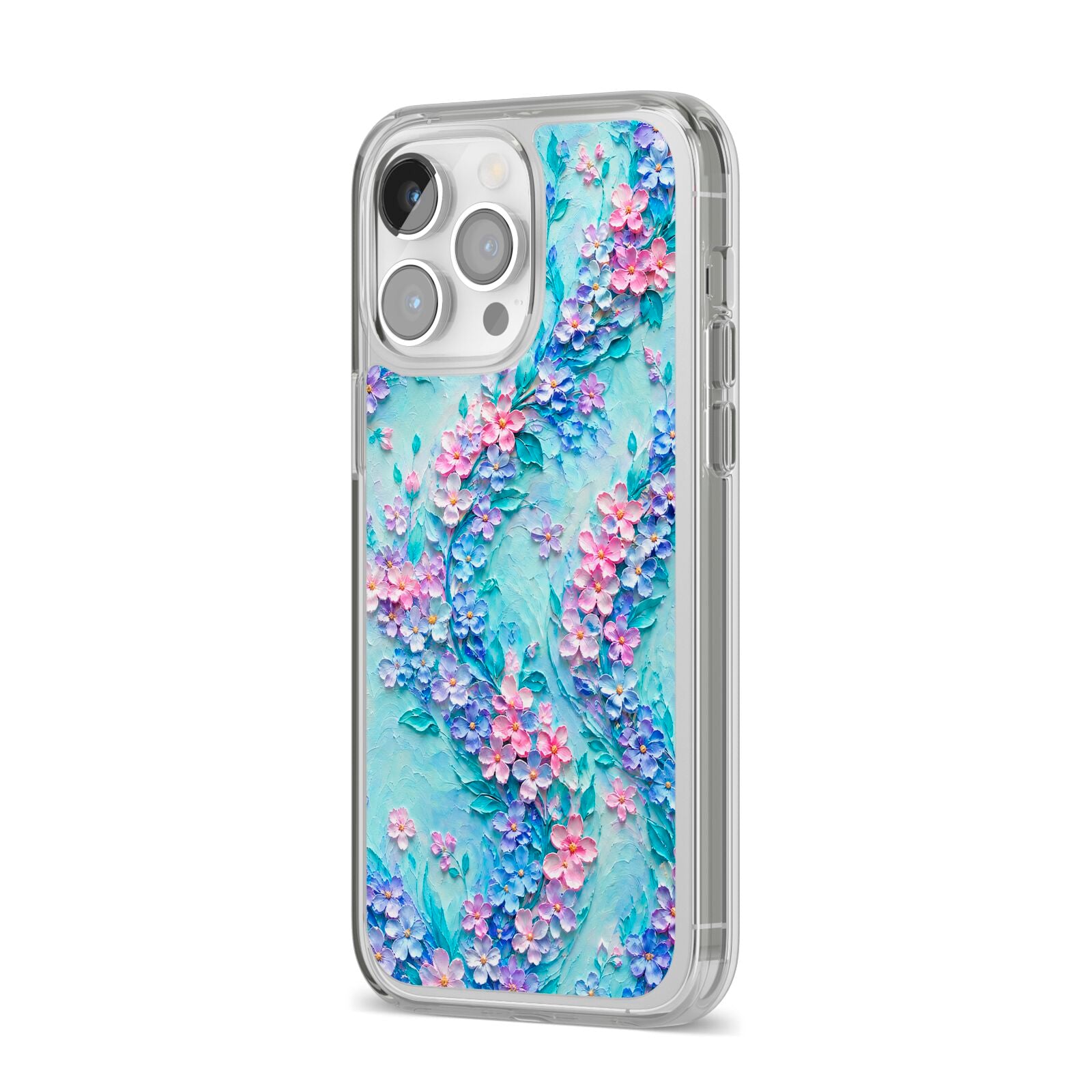 Petal Confetti iPhone 14 Pro Max Clear Tough Case Silver Angled Image
