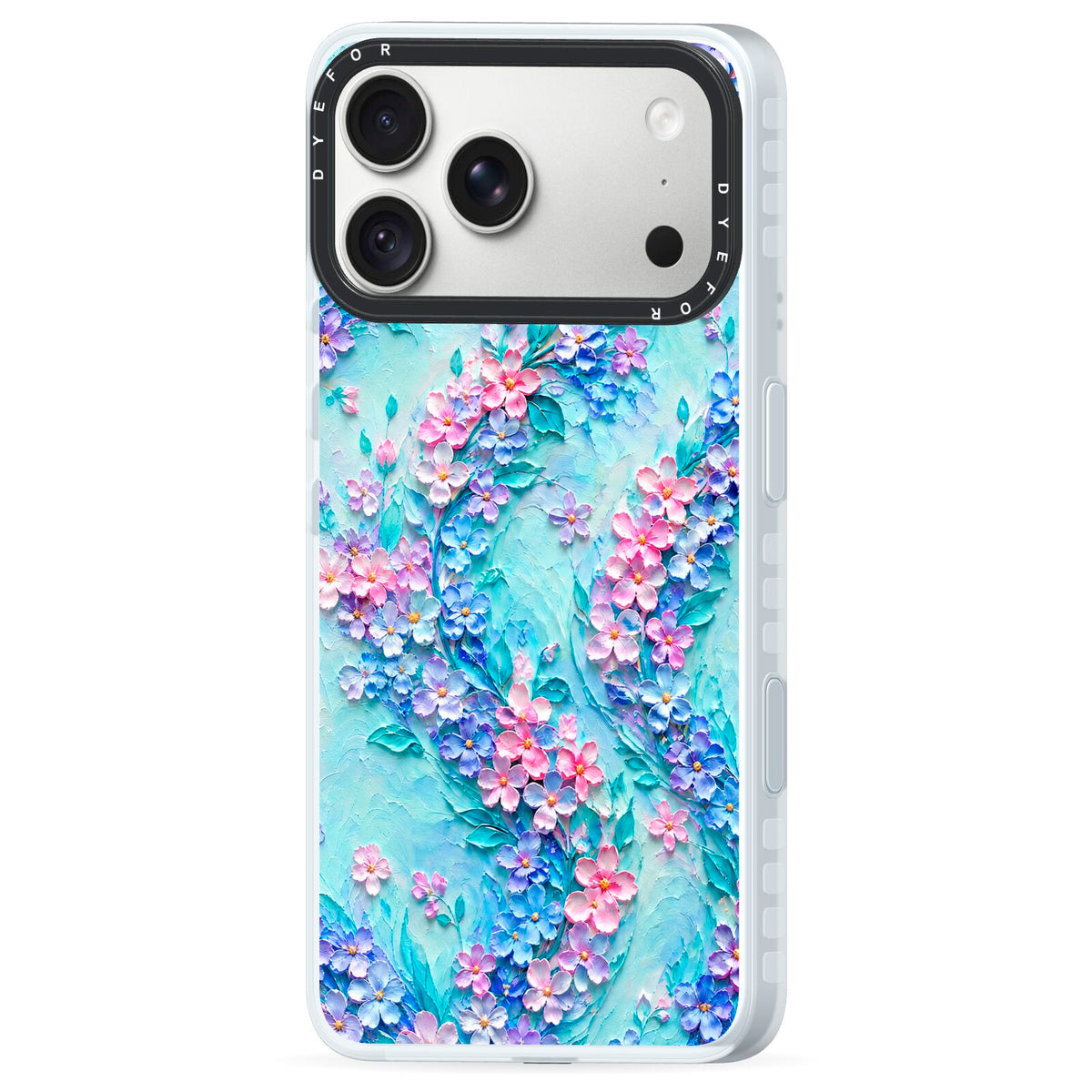 Petal Confetti iPhone 18 Pro Max Black Impact Pre order Case Side Angle on Silver phone