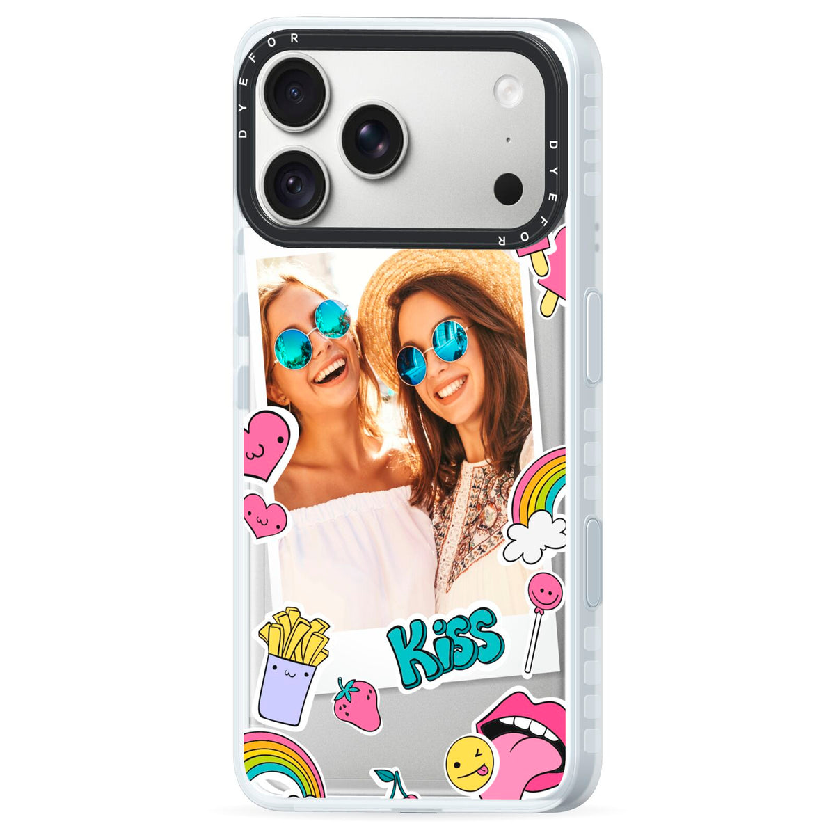 Photo Cute Stickers iPhone 18 Pro Black Impact Pre order Case Side Angle on Silver phone