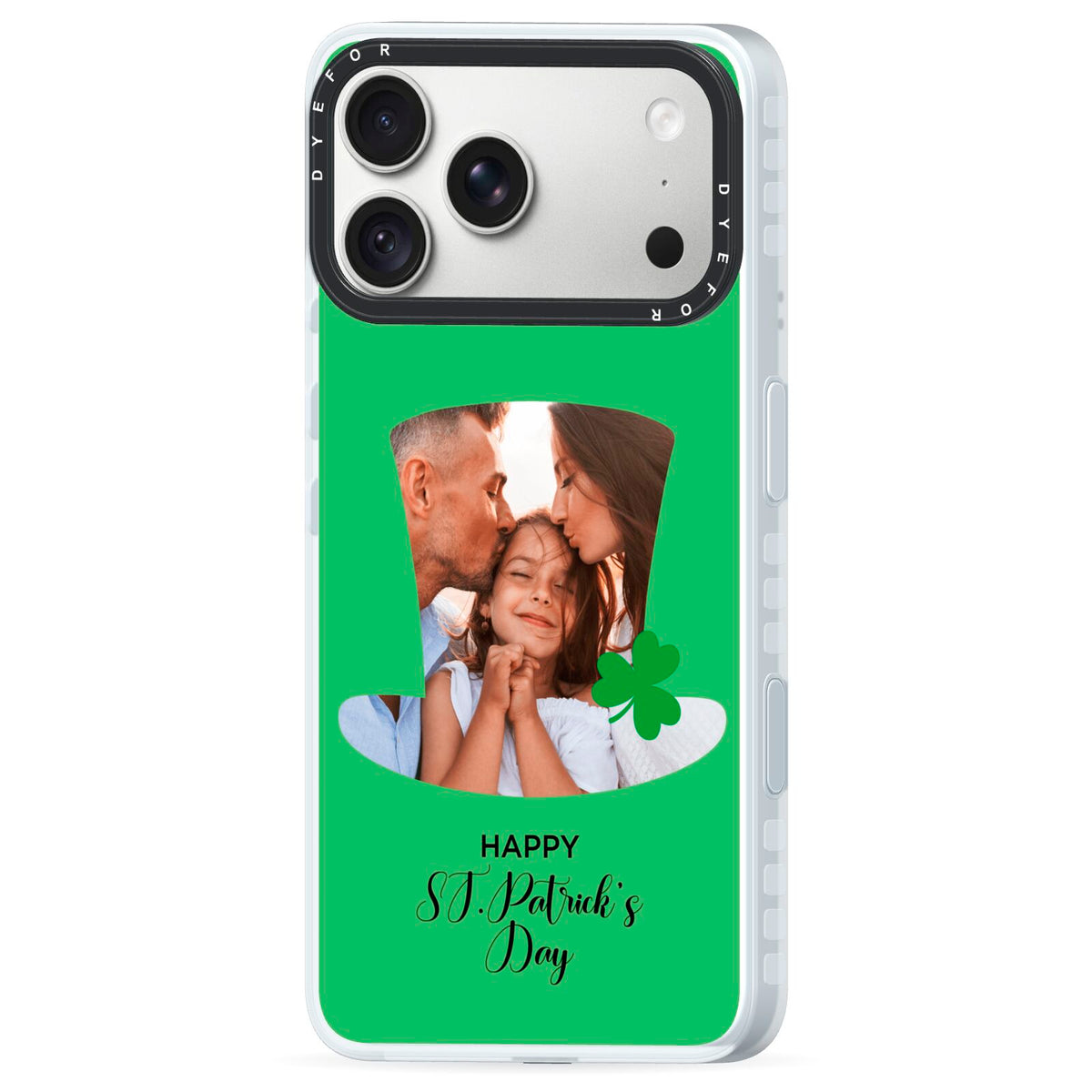 Photo Upload Leprechaun Hat iPhone 18 Pro Black Impact Pre order Case Side Angle on Silver phone