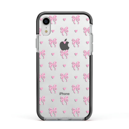 Pink Bow and Heart Apple iPhone XR Impact Case Black Edge on Silver Phone