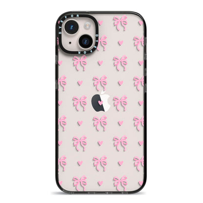 Pink Bow and Heart iPhone 14 Plus Black Impact Case on Silver phone