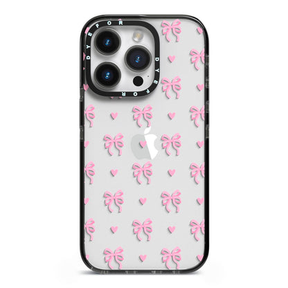 Pink Bow and Heart iPhone 14 Pro Black Impact Case on Silver phone