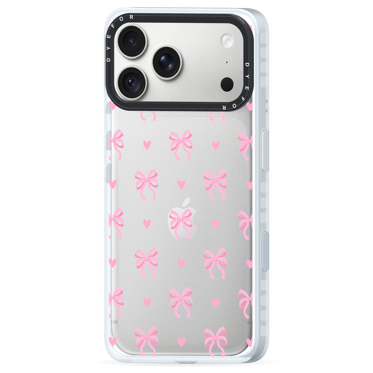 Pink Bow and Heart iPhone 18 Pro Black Impact Pre order Case Side Angle on Silver phone