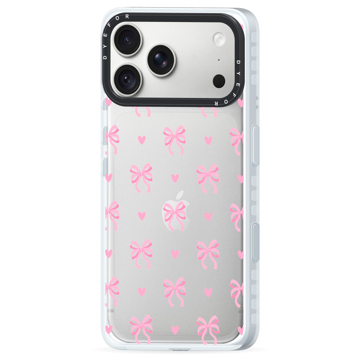 Pink Bow and Heart iPhone 18 Pro Max Black Impact Pre order Case Side Angle on Silver phone