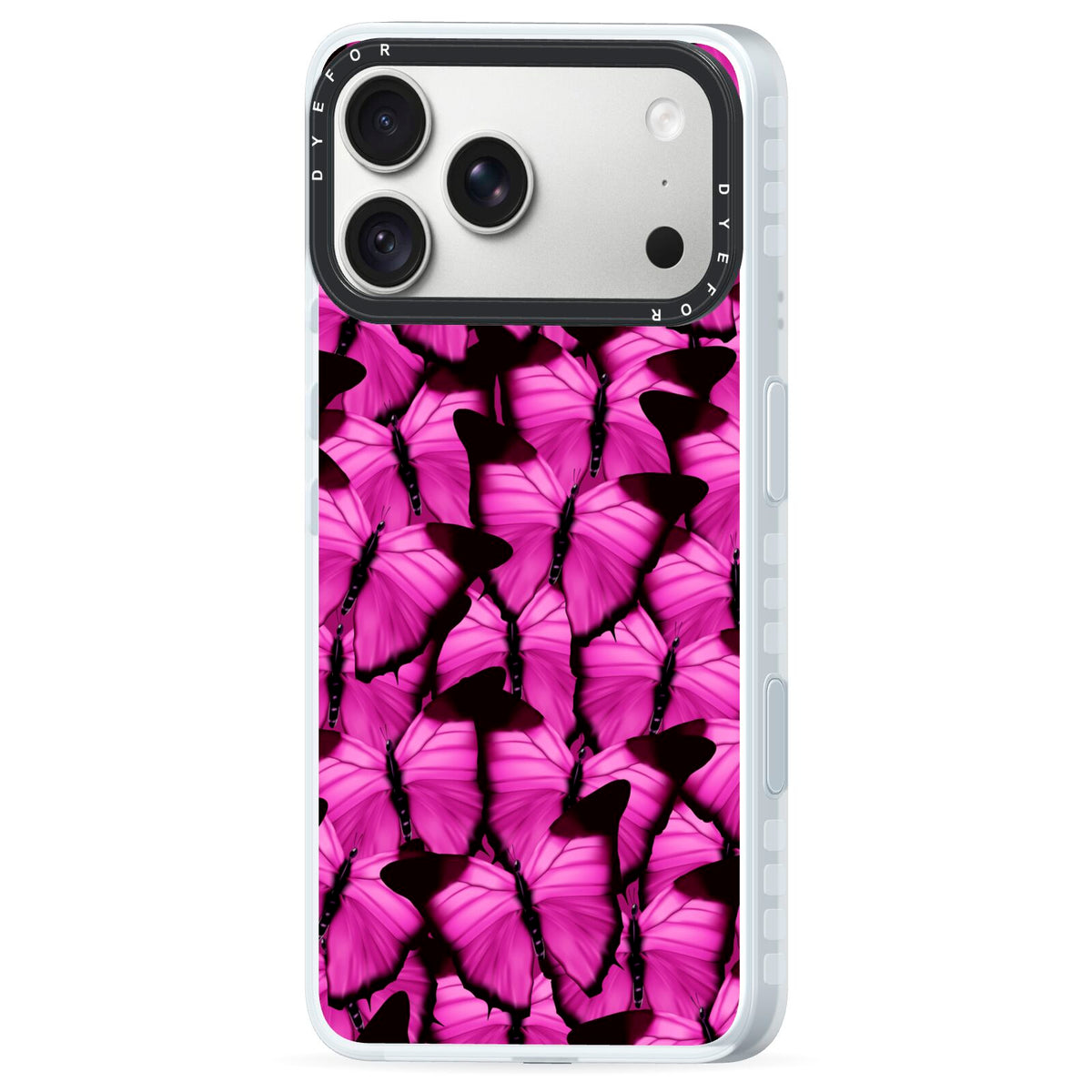 Pink Butterfly iPhone 18 Pro Black Impact Pre order Case Side Angle on Silver phone