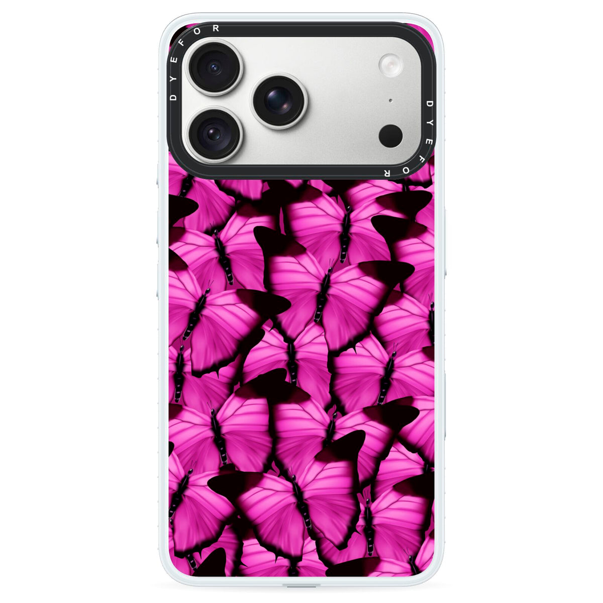 Pink Butterfly iPhone 18 Pro Black Impact Pre order Case on Silver phone