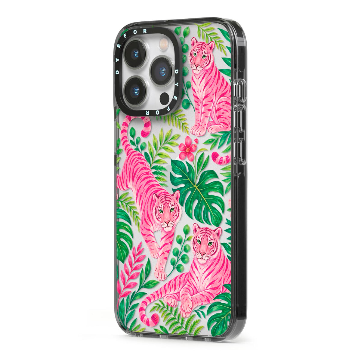 Pink Canopy iPhone 13 Pro Black Impact Case Side Angle on Silver phone