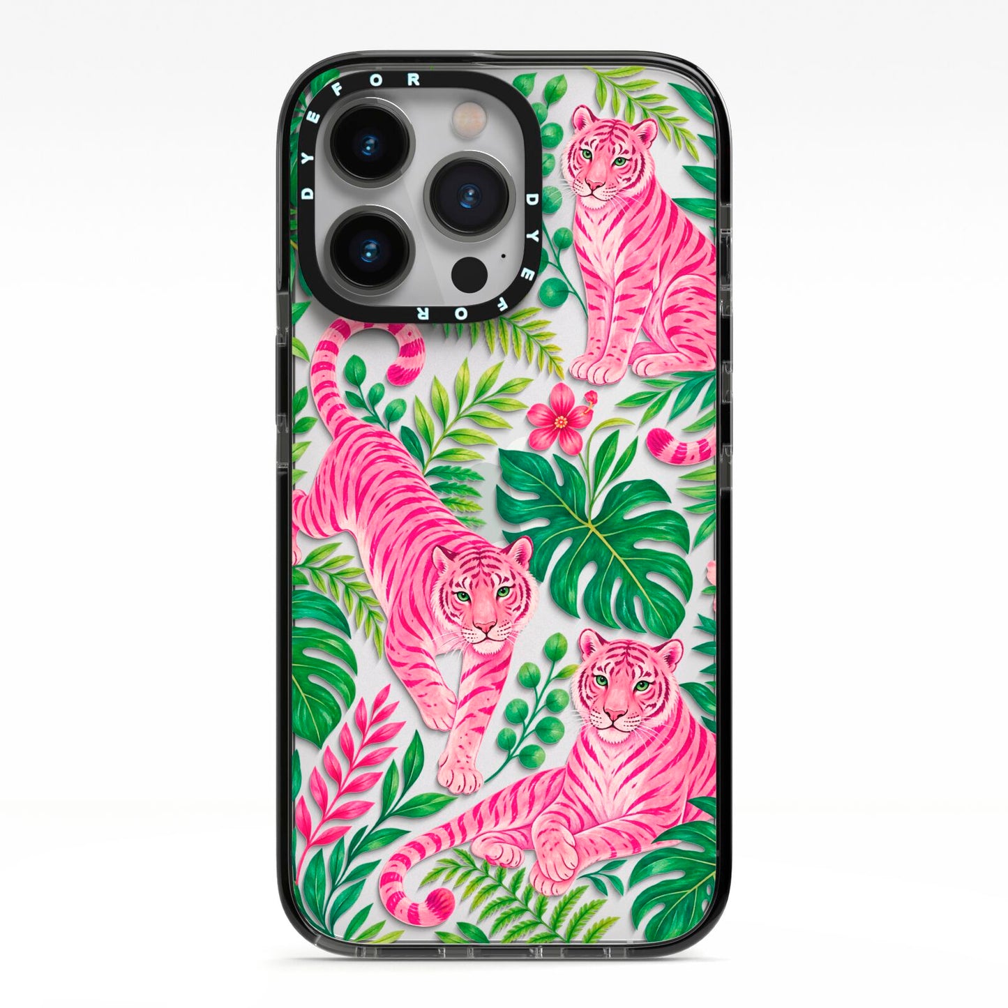 Pink Canopy iPhone 13 Pro Black Impact Case on Silver phone