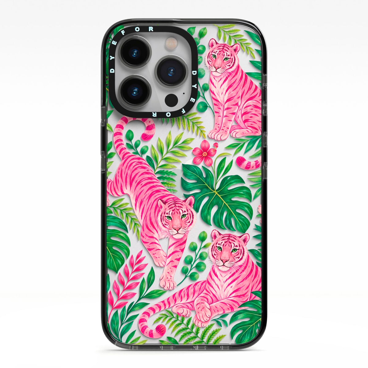 Pink Canopy iPhone 13 Pro Black Impact Case on Silver phone