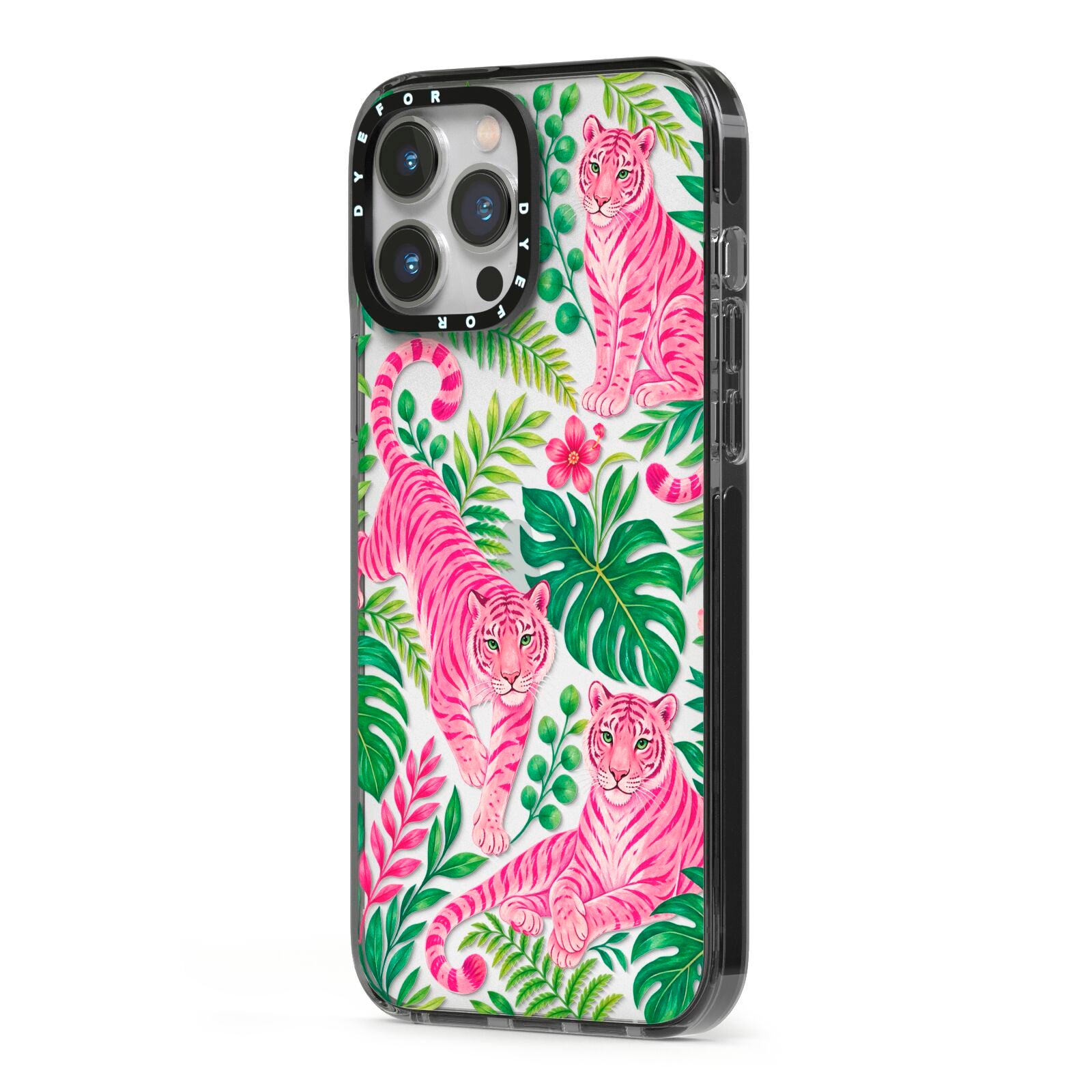 Pink Canopy iPhone 13 Pro Max Black Impact Case Side Angle on Silver phone