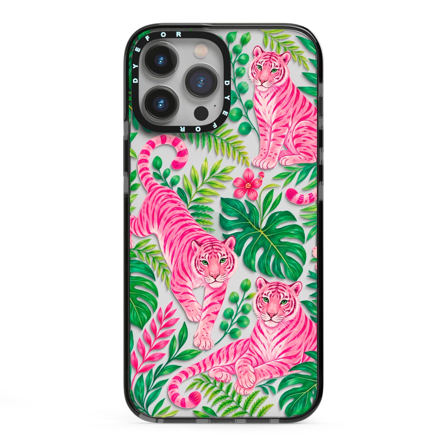 Pink Canopy iPhone 13 Pro Max Black Impact Case on Silver phone