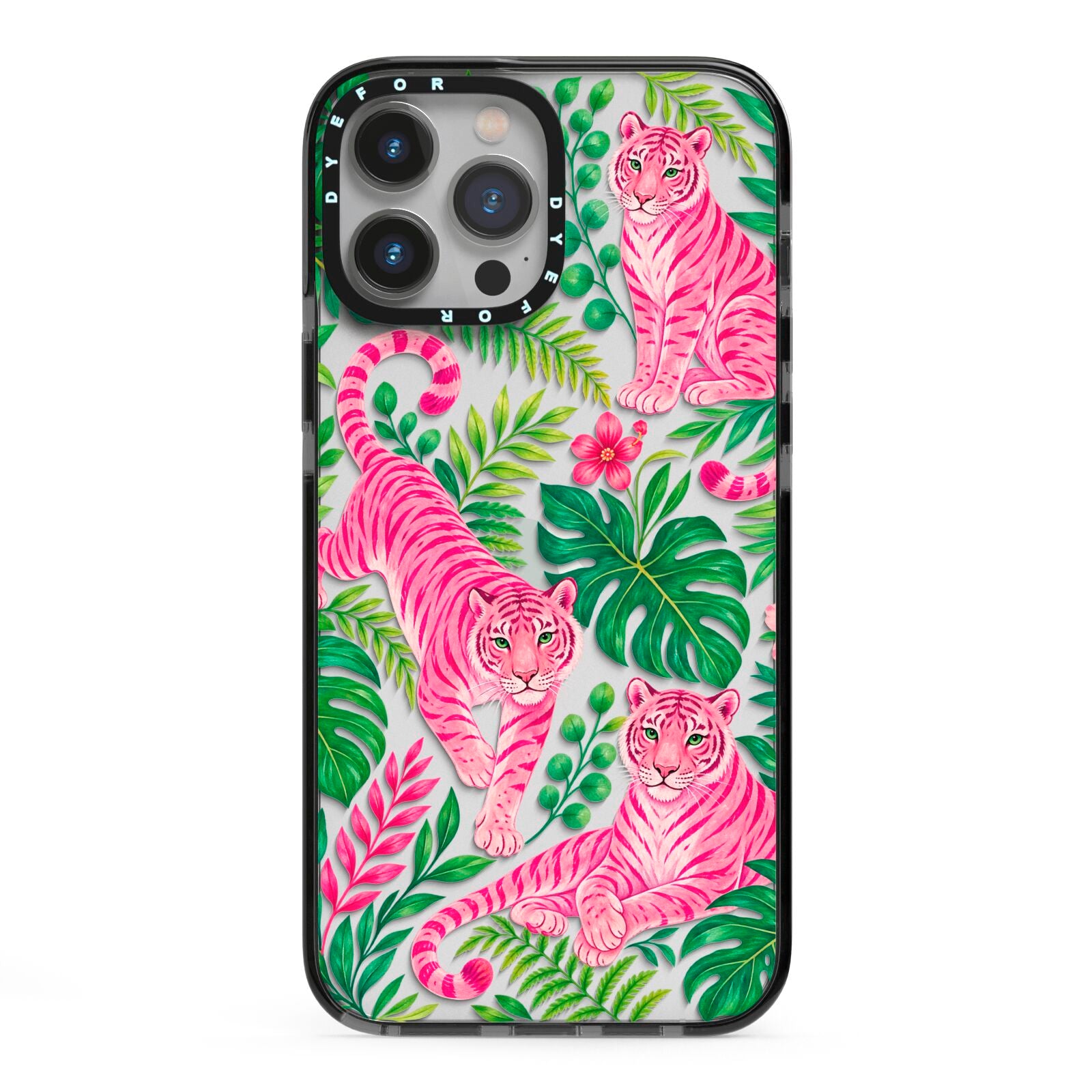 Pink Canopy iPhone 13 Pro Max Black Impact Case on Silver phone
