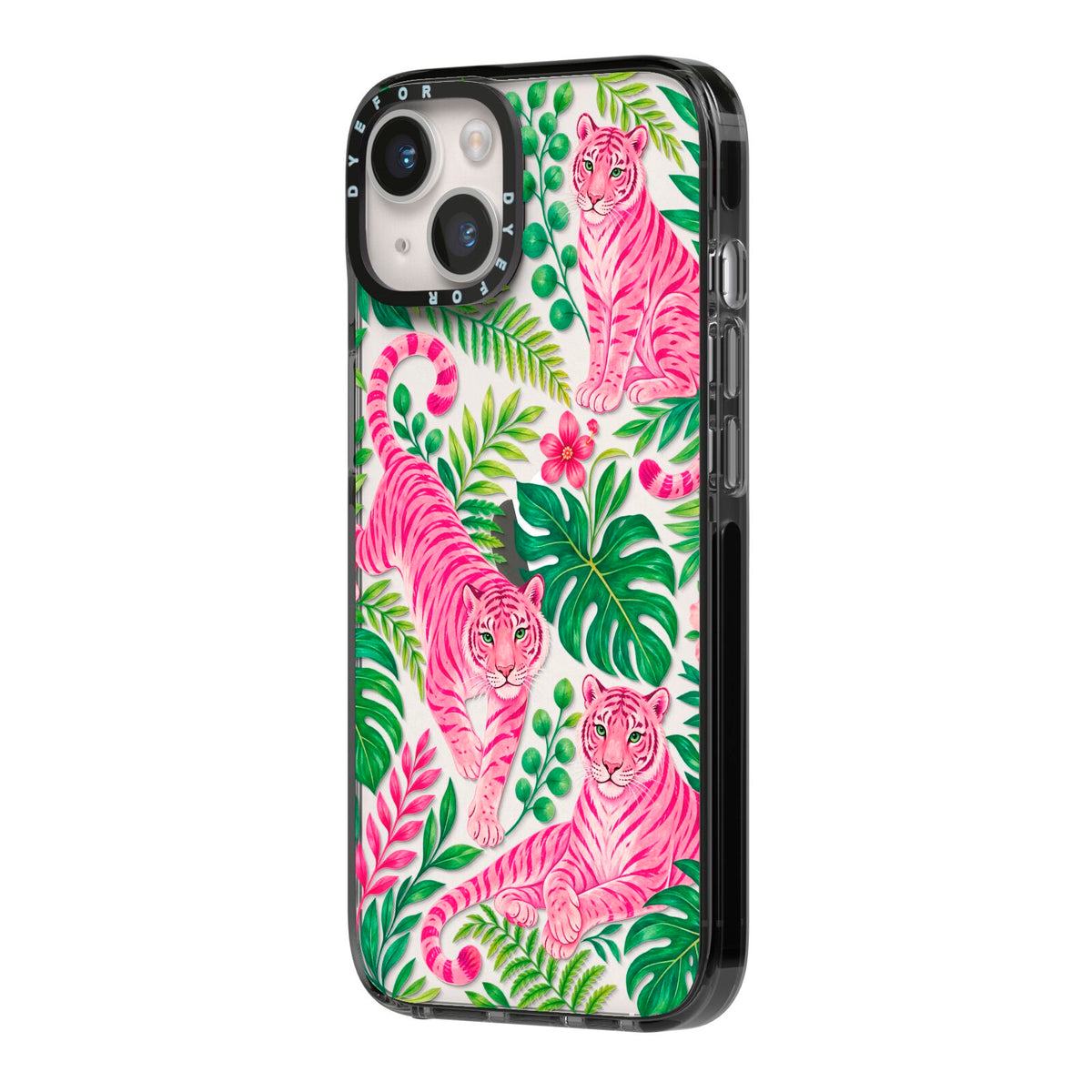 Pink Canopy iPhone 14 Black Impact Case Side Angle on Silver phone