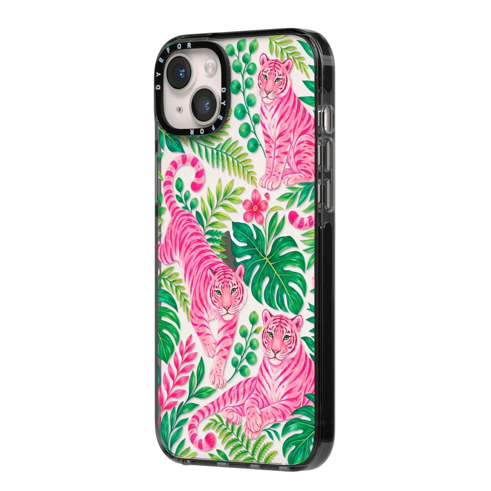 Pink Canopy iPhone 14 Plus Black Impact Case Side Angle on Silver phone