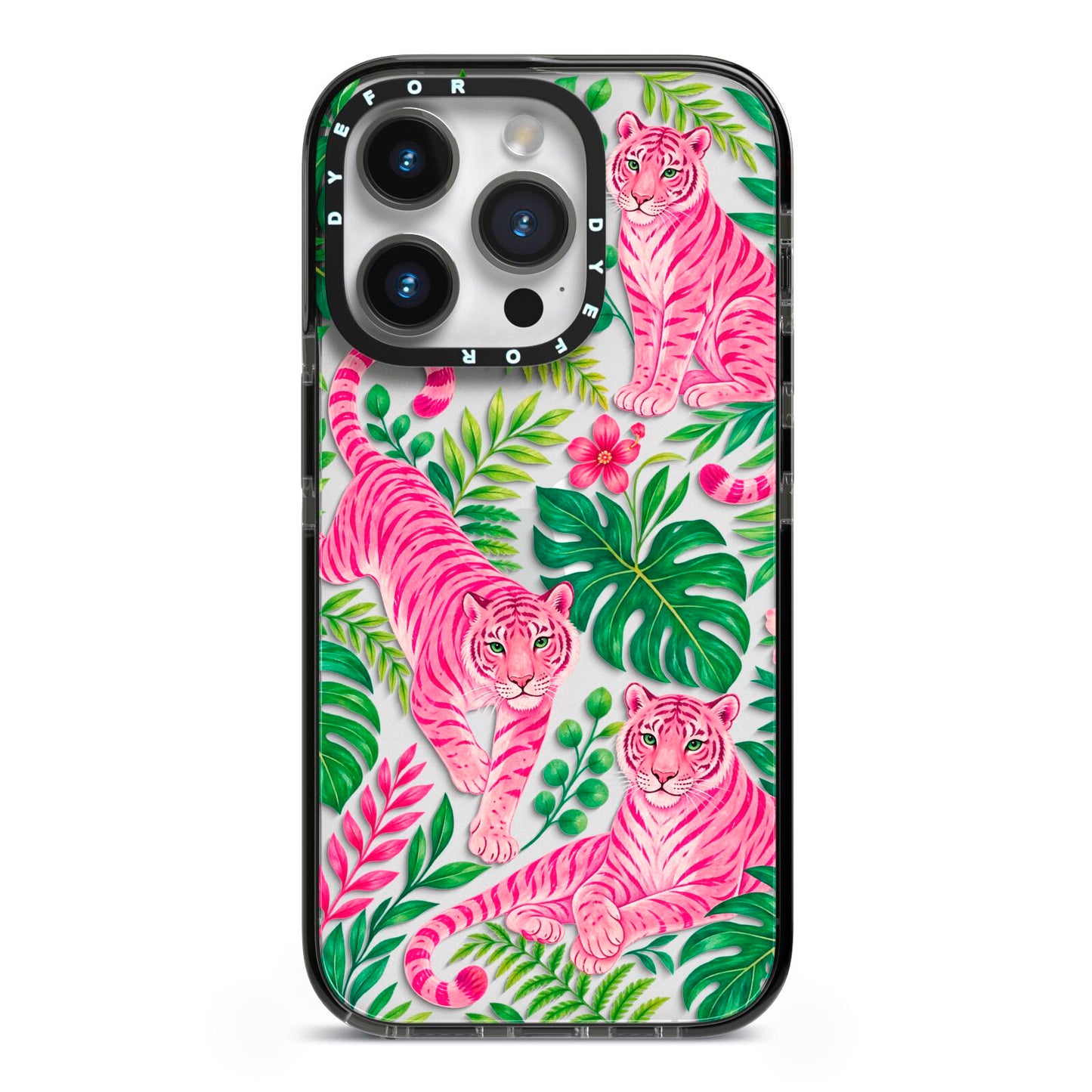 Pink Canopy iPhone 14 Pro Black Impact Case on Silver phone
