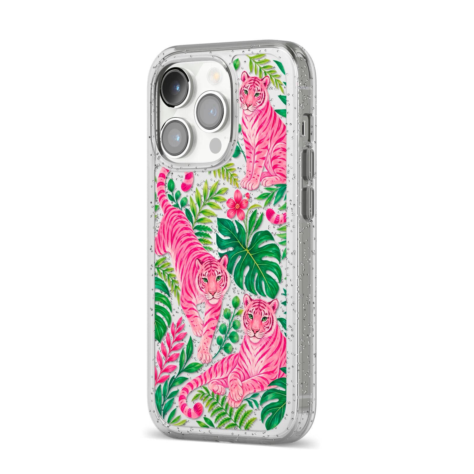 Pink Canopy iPhone 14 Pro Glitter Tough Case Silver Angled Image