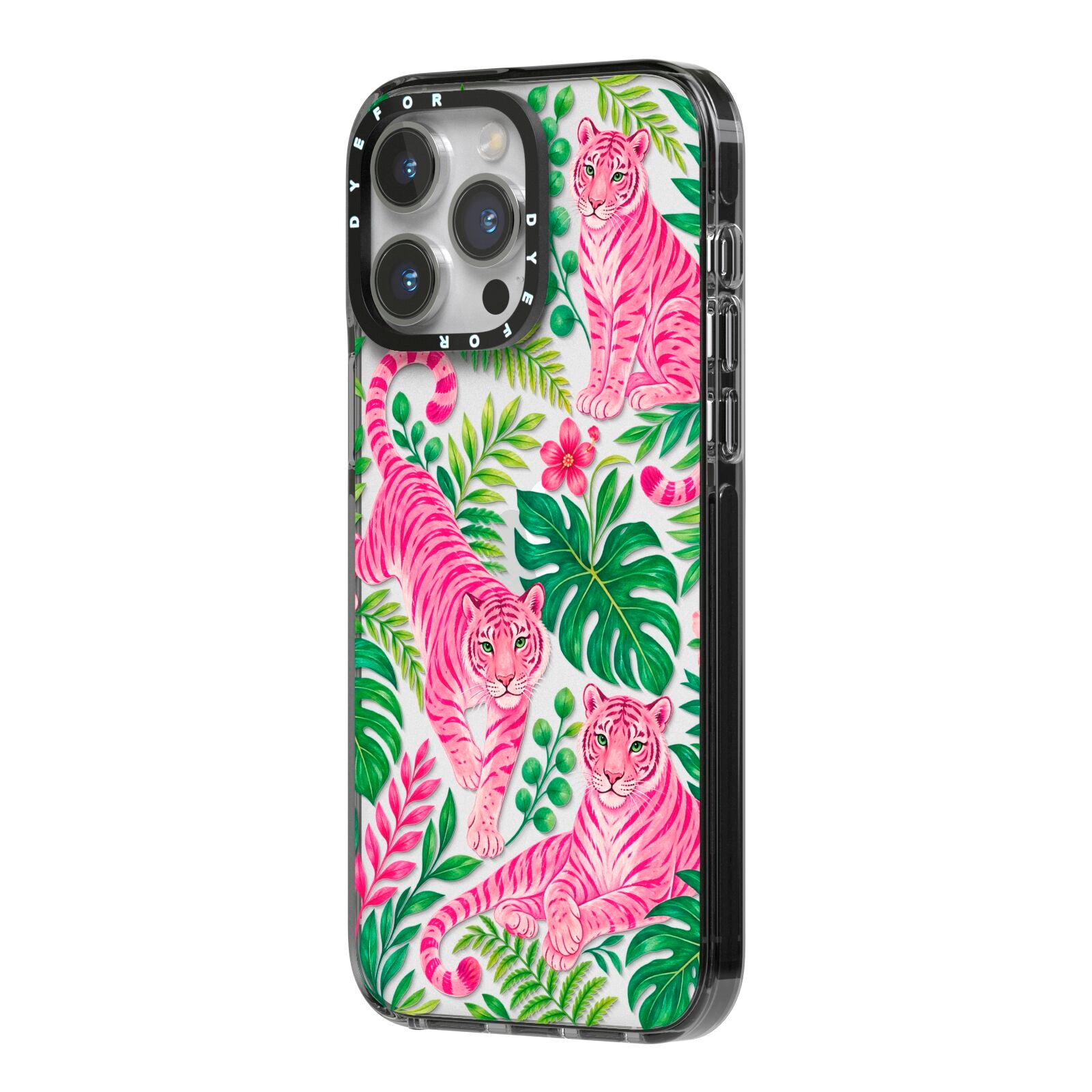 Pink Canopy iPhone 14 Pro Max Black Impact Case Side Angle on Silver phone