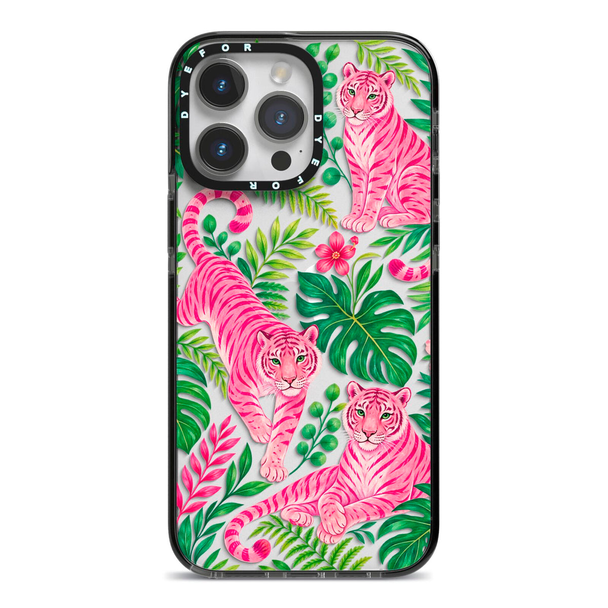 Pink Canopy iPhone 14 Pro Max Black Impact Case on Silver phone
