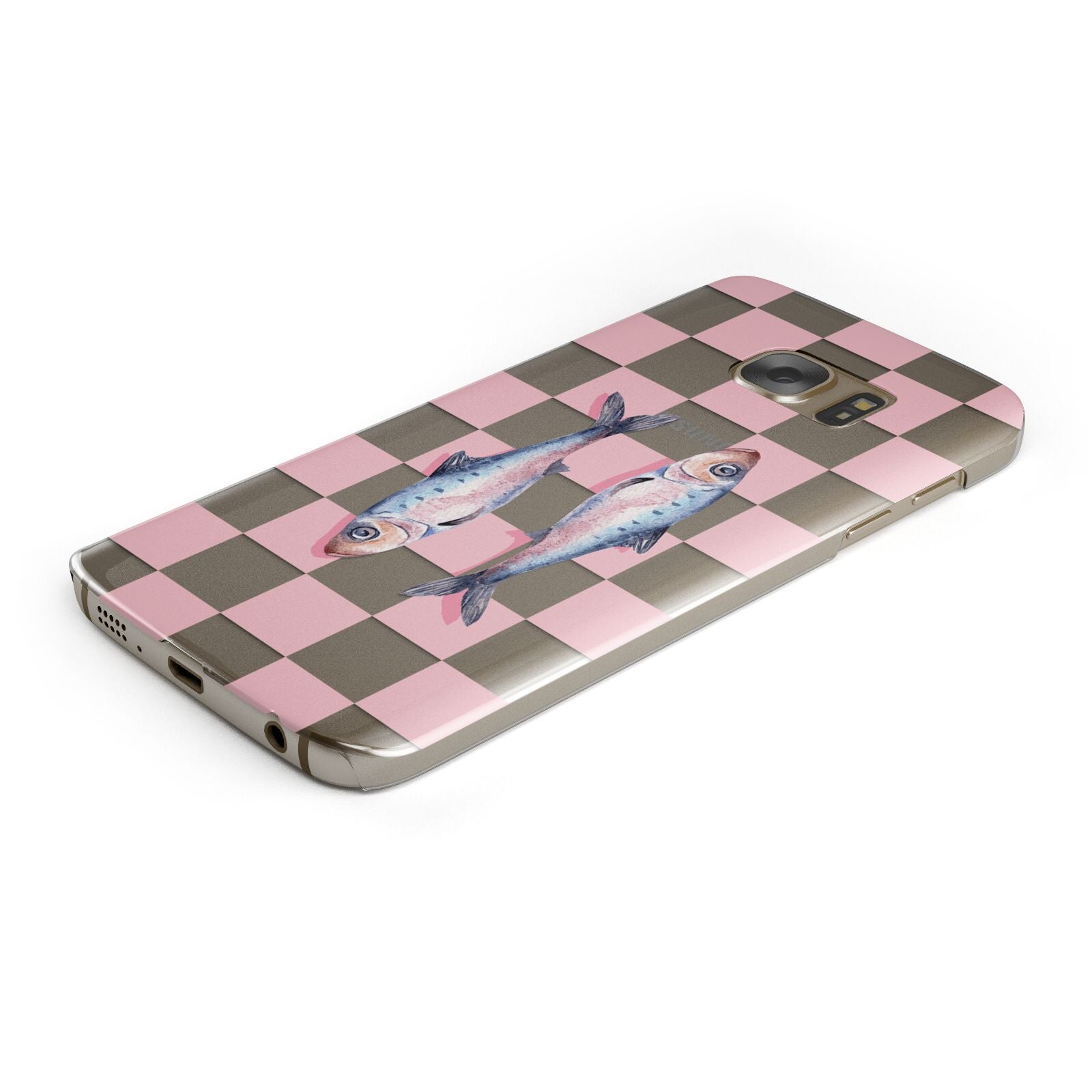 Pink Checkerboard Sardines Protective Samsung Galaxy Case Angled Image