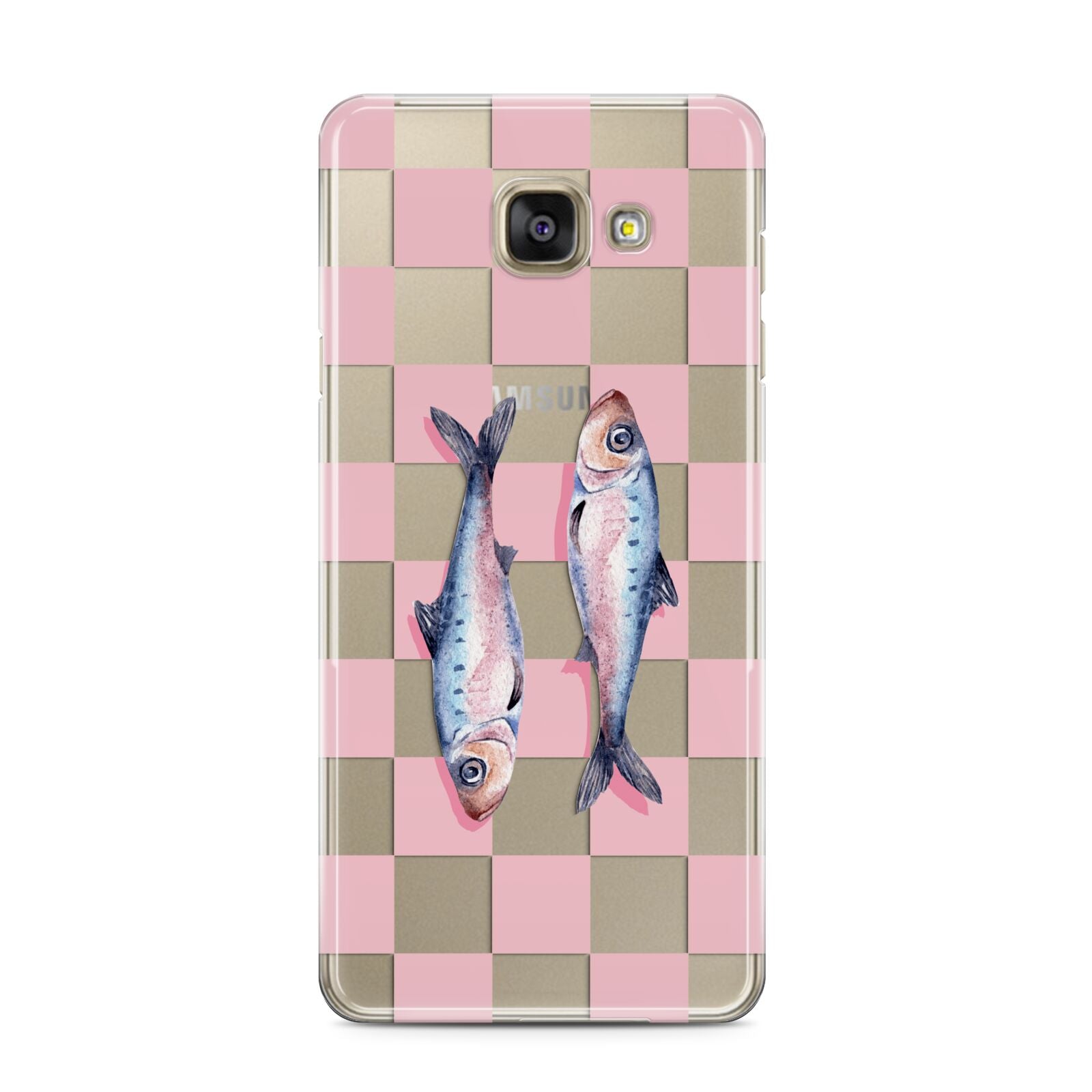 Pink Checkerboard Sardines Samsung Galaxy A3 2016 Case on gold phone