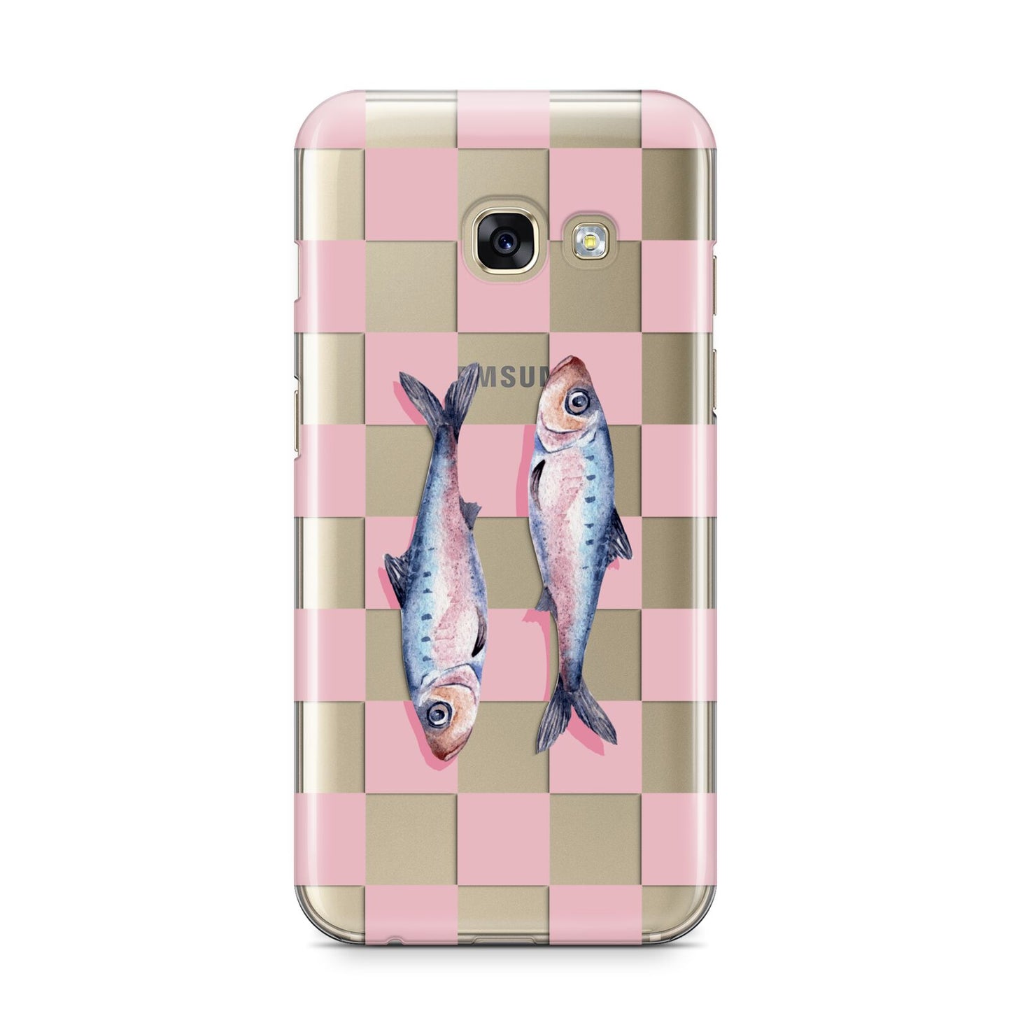 Pink Checkerboard Sardines Samsung Galaxy A3 2017 Case on gold phone