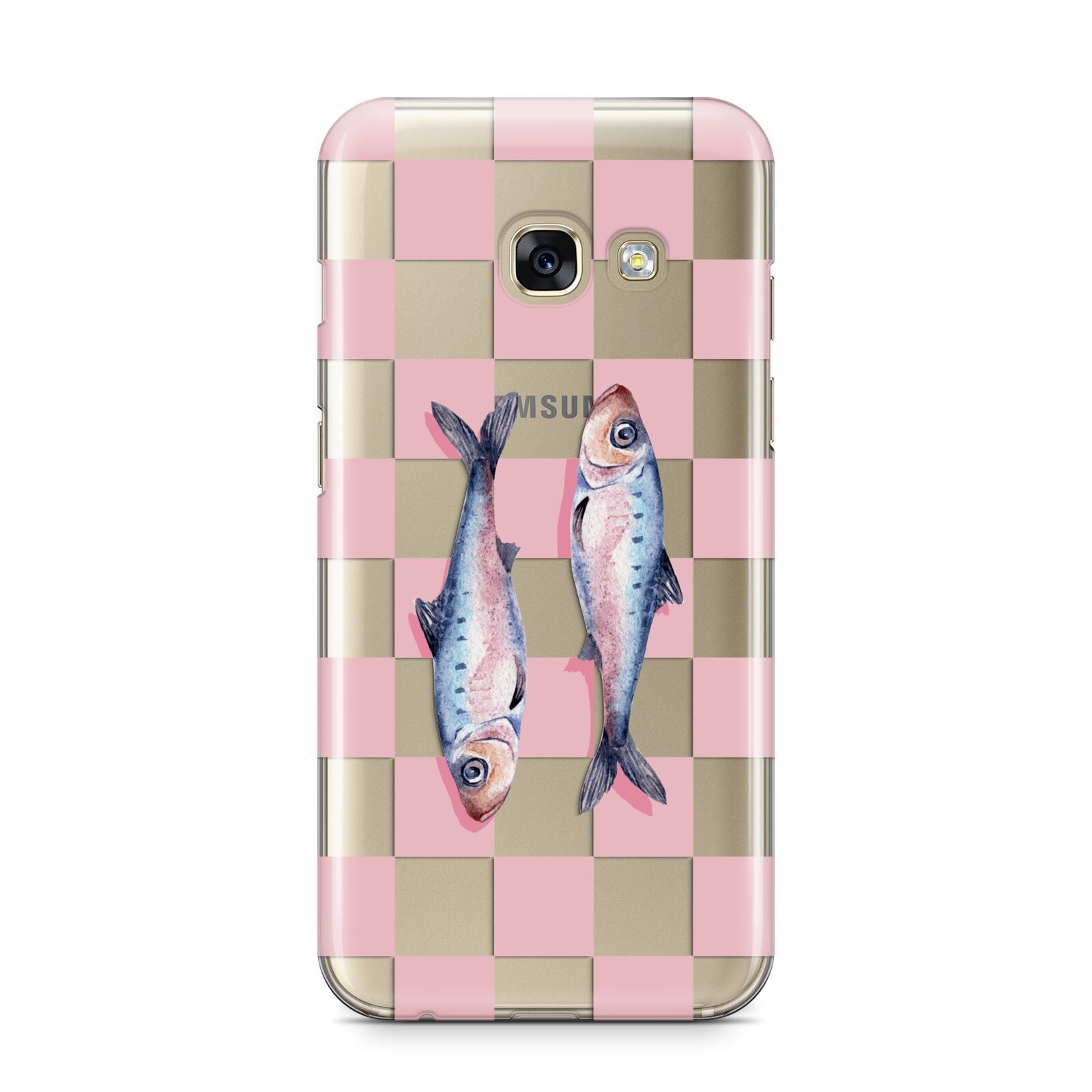 Pink Checkerboard Sardines Samsung Galaxy A3 2017 Case on gold phone