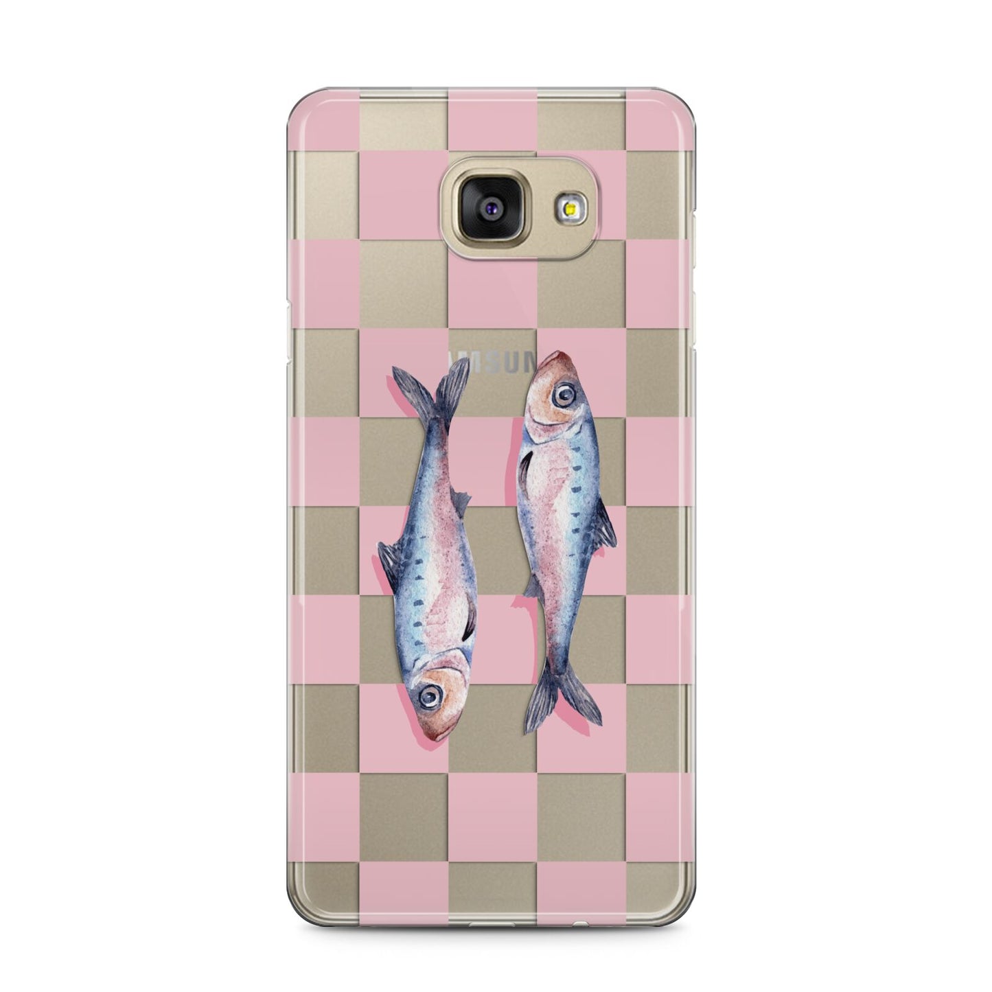 Pink Checkerboard Sardines Samsung Galaxy A5 2016 Case on gold phone