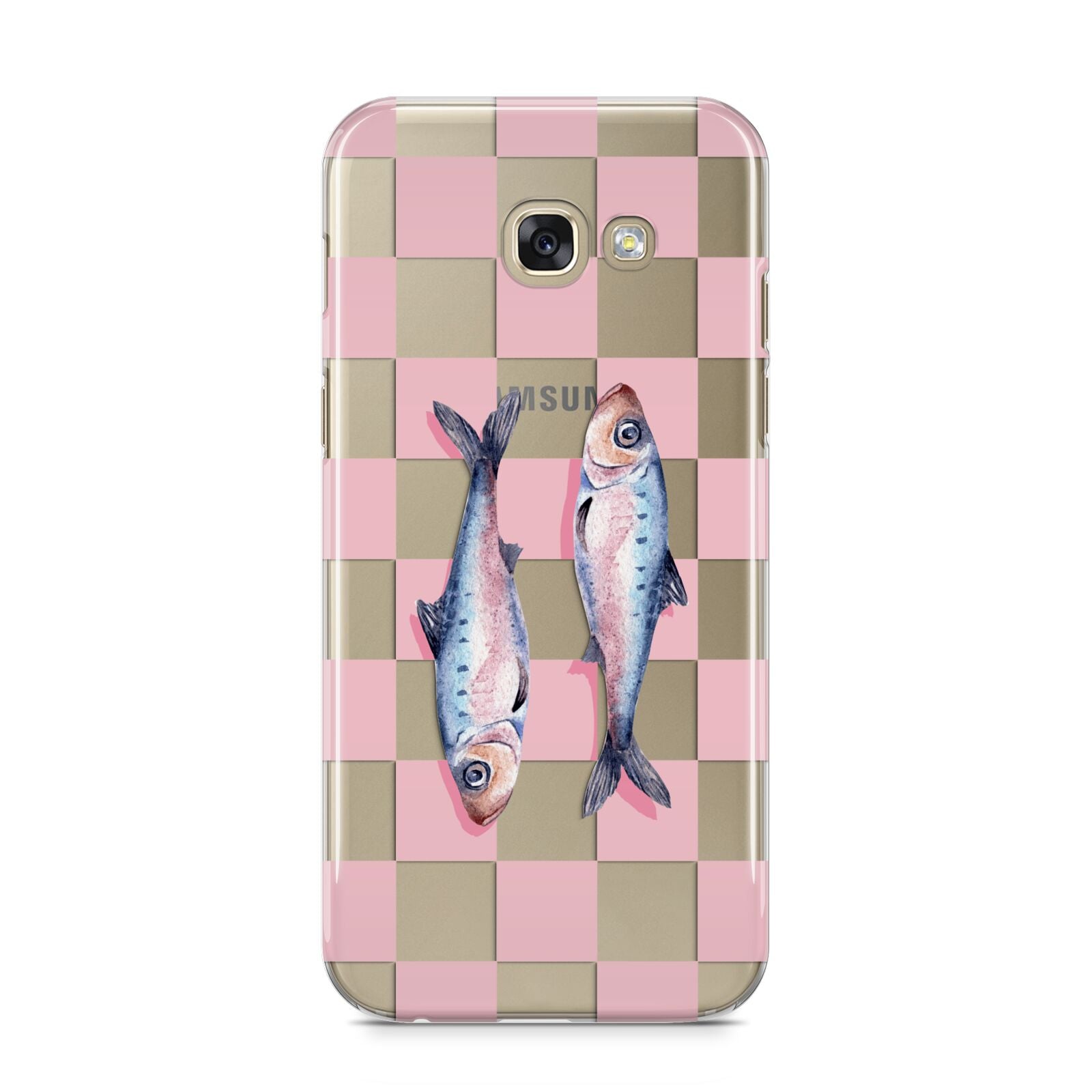 Pink Checkerboard Sardines Samsung Galaxy A5 2017 Case on gold phone