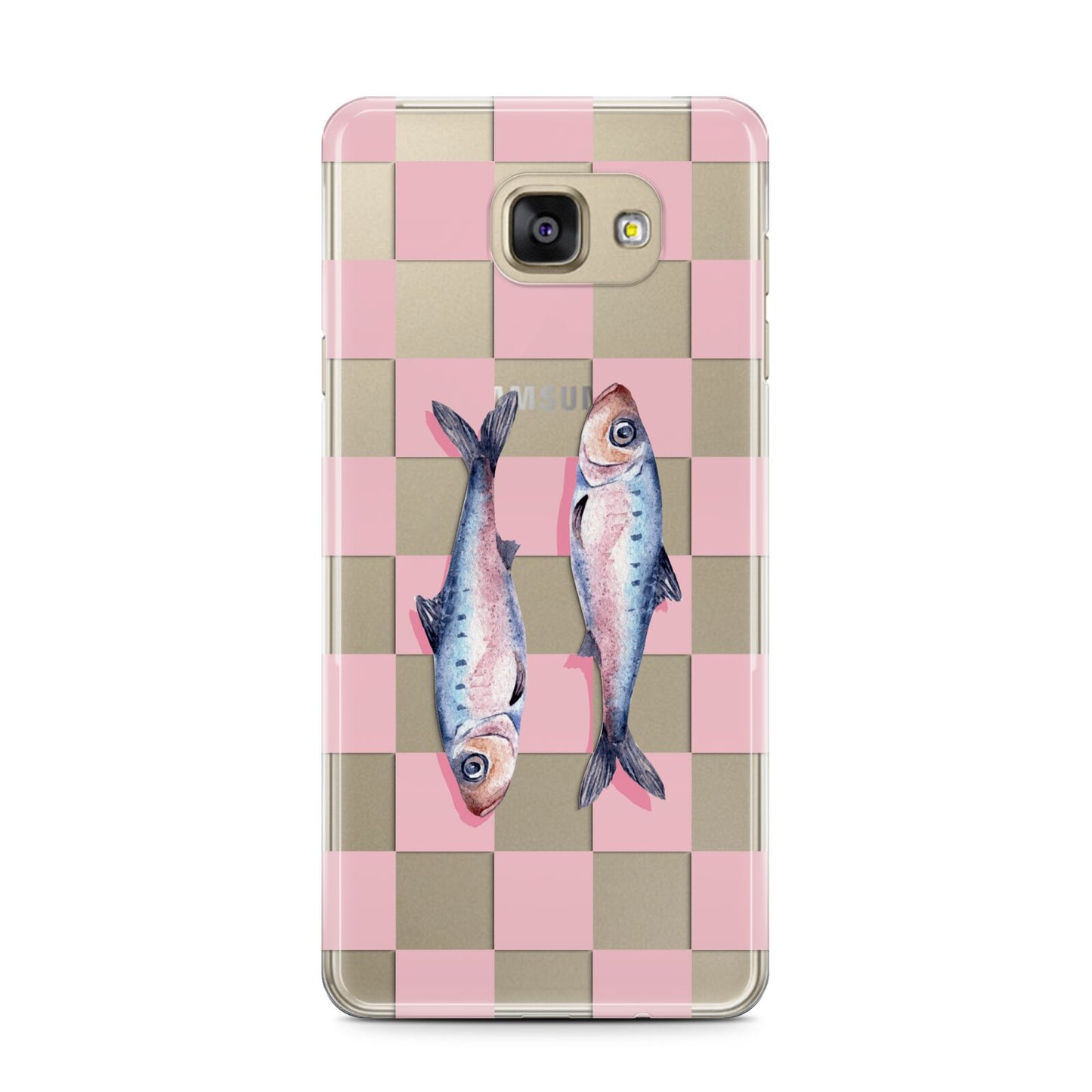 Pink Checkerboard Sardines Samsung Galaxy A7 2016 Case on gold phone