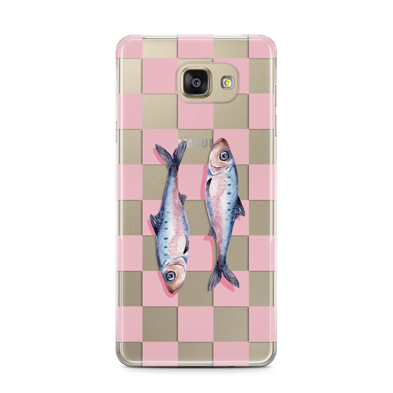 Pink Checkerboard Sardines Samsung Galaxy A7 2016 Case on gold phone
