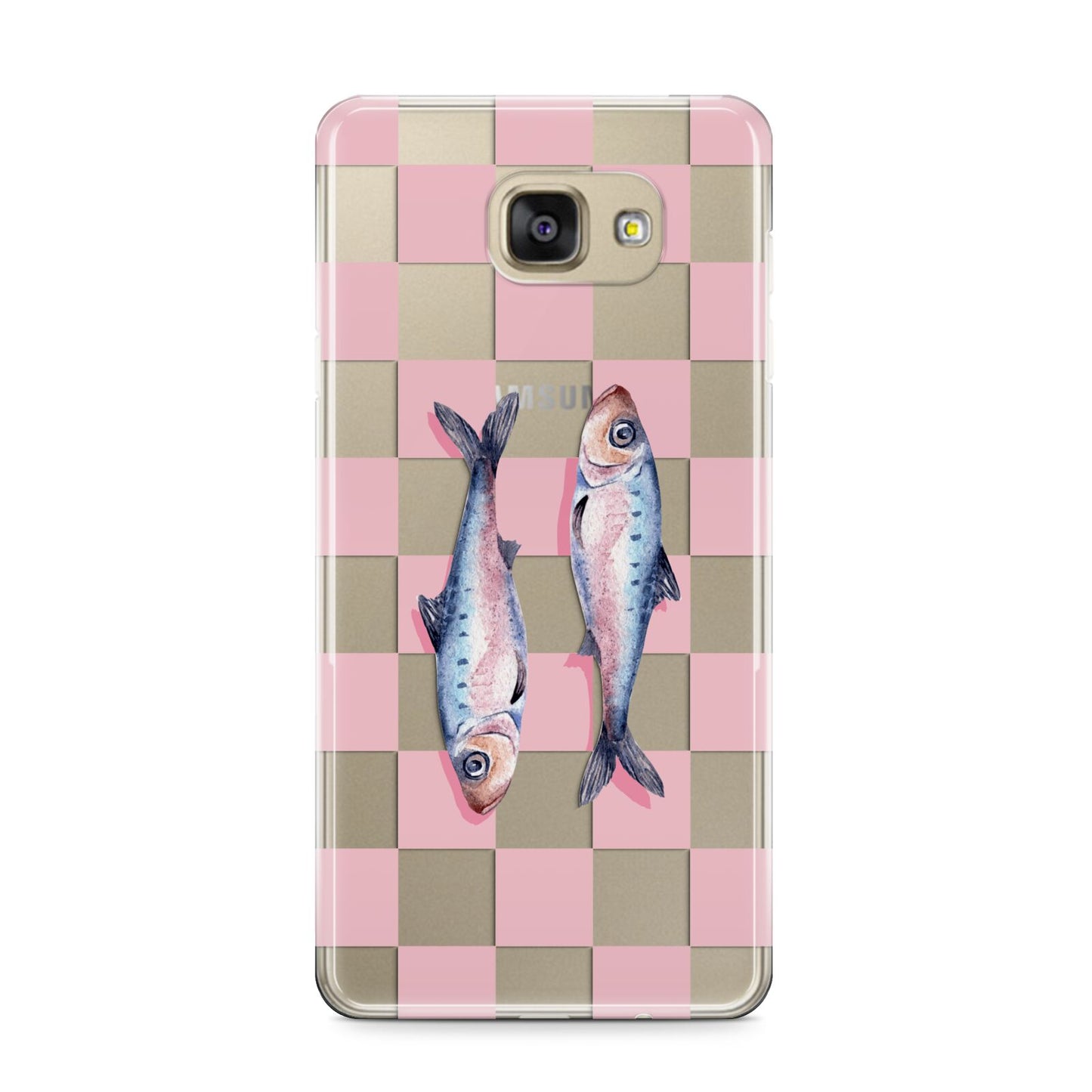 Pink Checkerboard Sardines Samsung Galaxy A9 2016 Case on gold phone