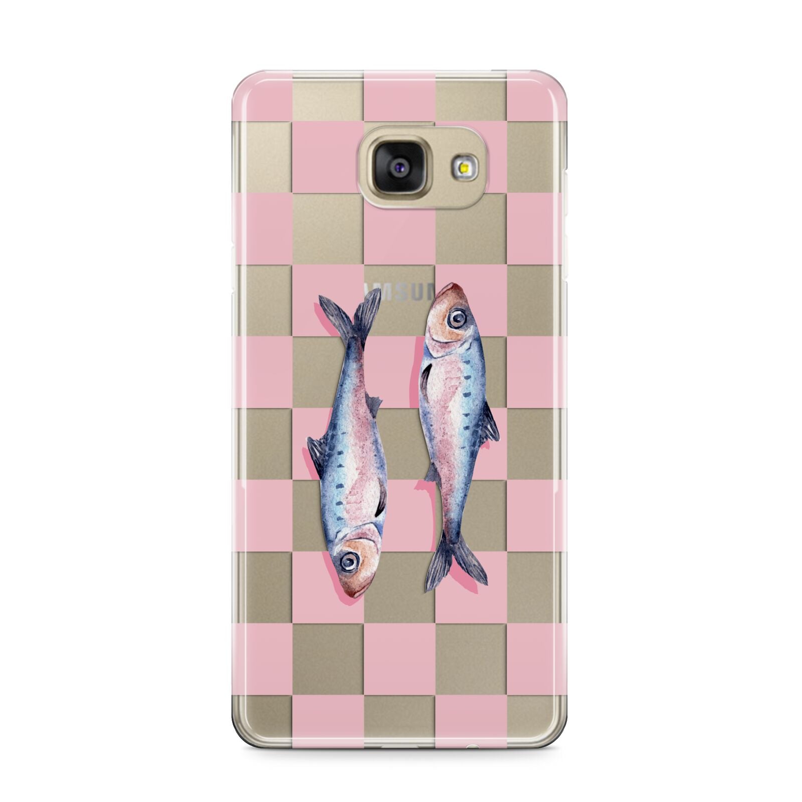 Pink Checkerboard Sardines Samsung Galaxy A9 2016 Case on gold phone