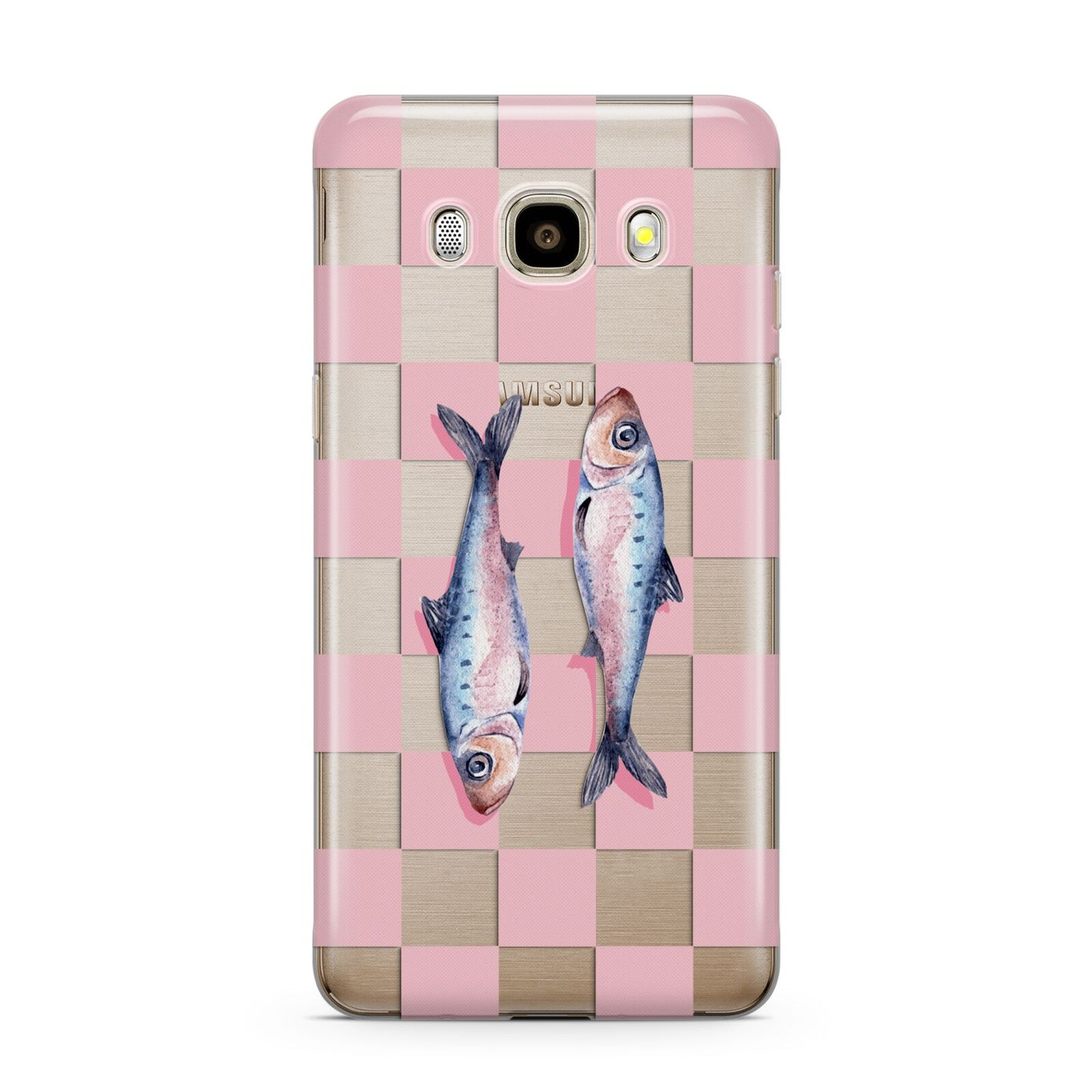 Pink Checkerboard Sardines Samsung Galaxy J7 2016 Case on gold phone
