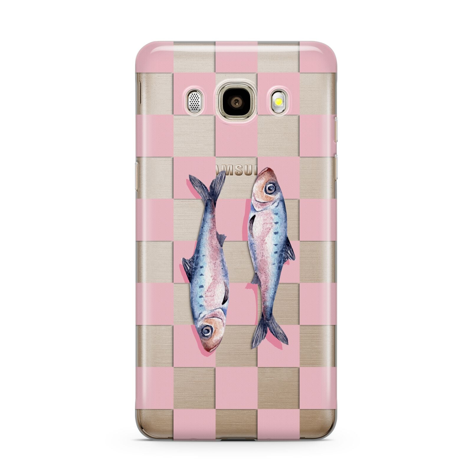 Pink Checkerboard Sardines Samsung Galaxy J7 2016 Case on gold phone