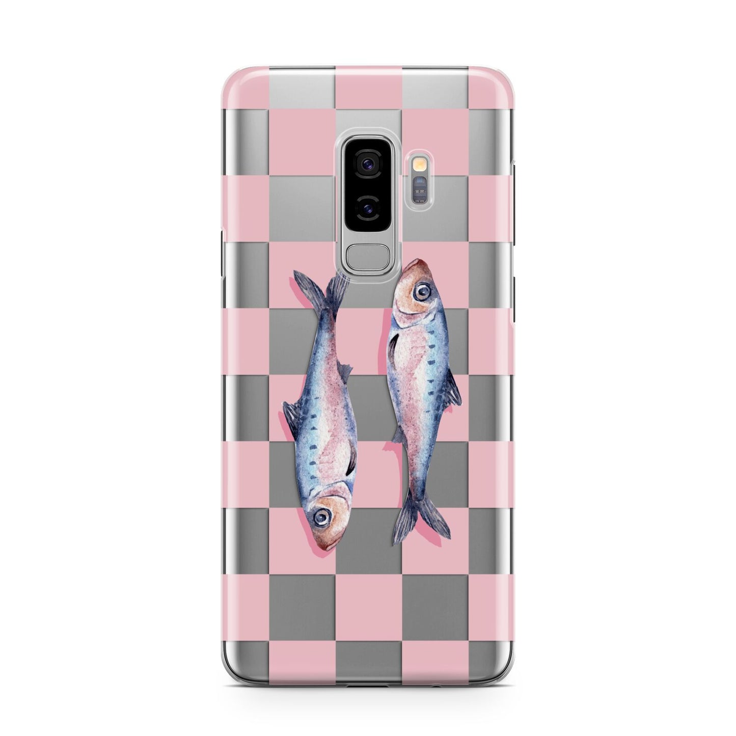 Pink Checkerboard Sardines Samsung Galaxy S9 Plus Case on Silver phone