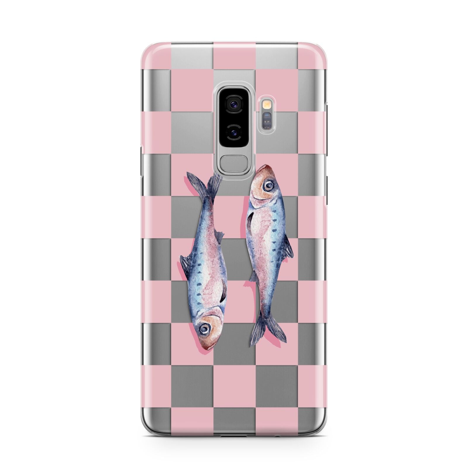 Pink Checkerboard Sardines Samsung Galaxy S9 Plus Case on Silver phone